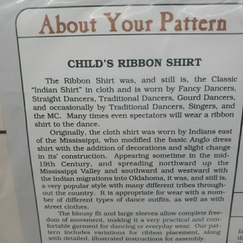 Missouri River Child Native American Ribbon Shirt Sewing Pattern 4799-500-201